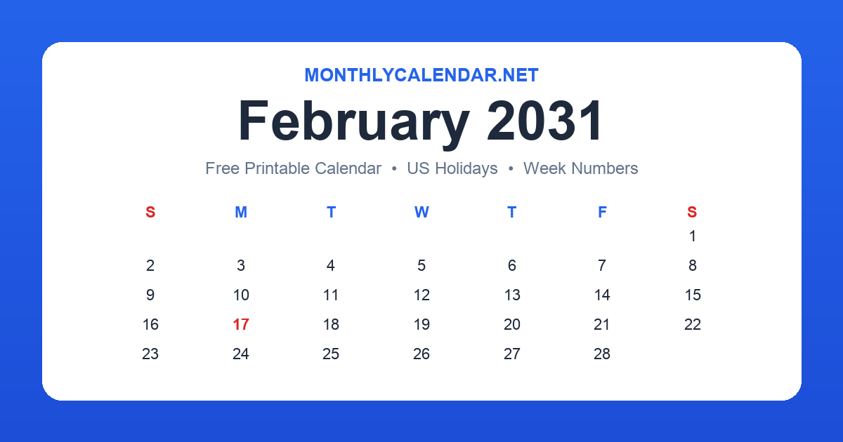 Printable February 2031 calendar with holidays