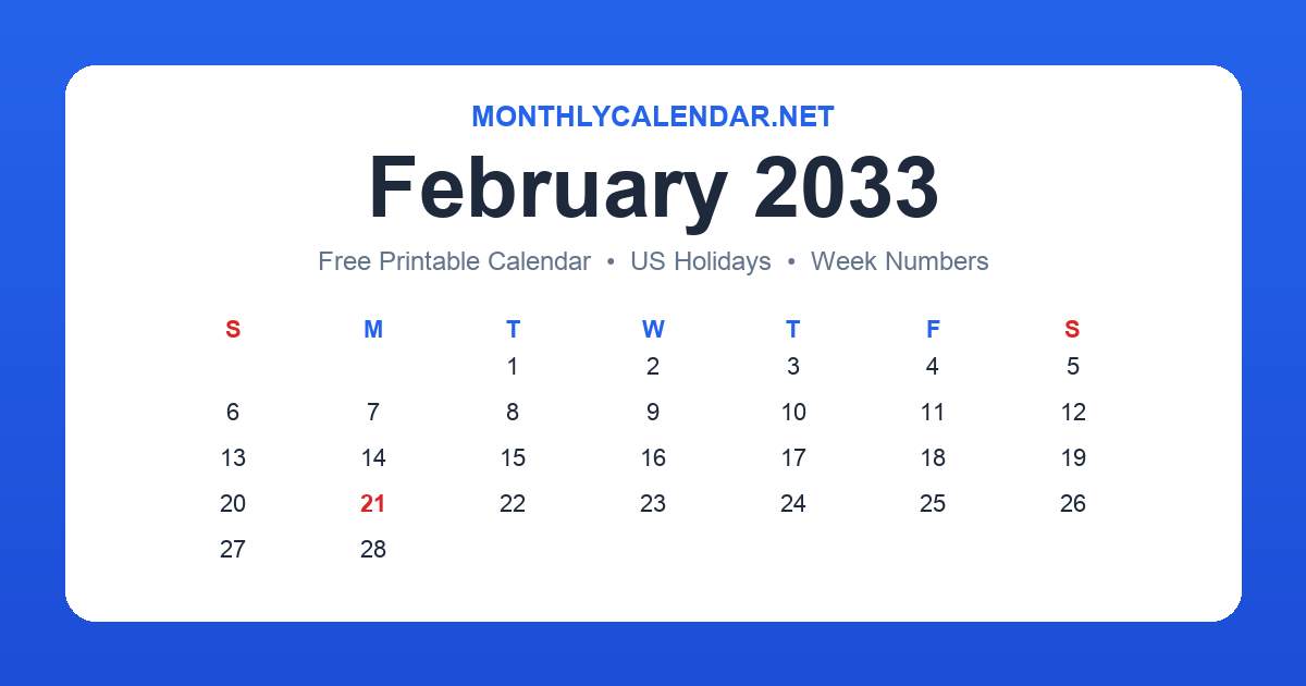 Printable February 2033 calendar with holidays