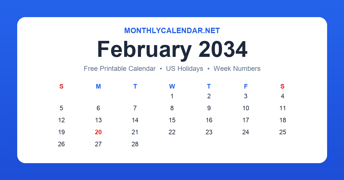 Printable February 2034 calendar with holidays
