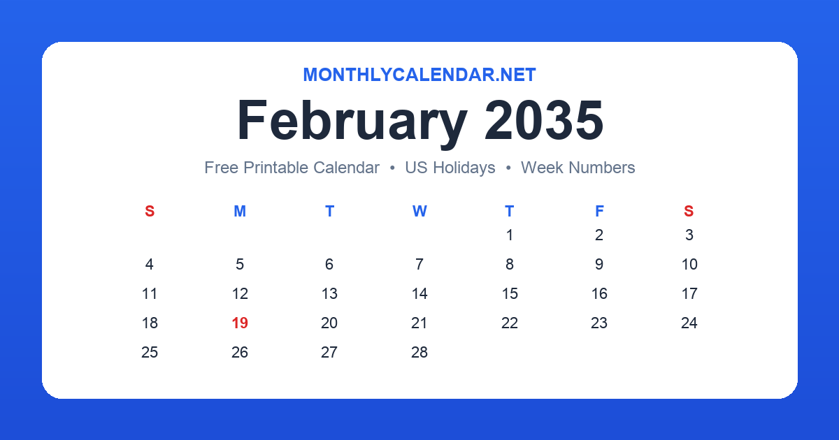 Printable February 2035 calendar with holidays