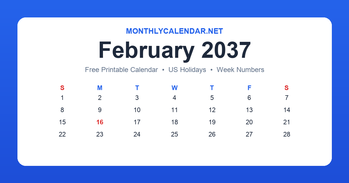Printable February 2037 calendar with holidays