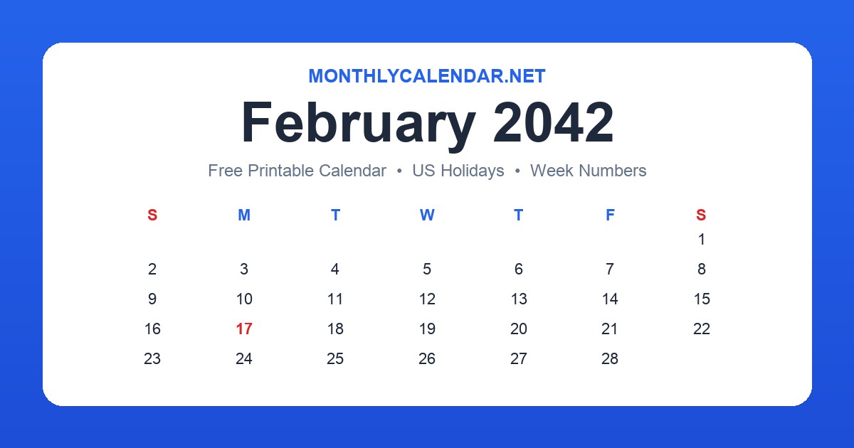 Printable February 2042 calendar with holidays