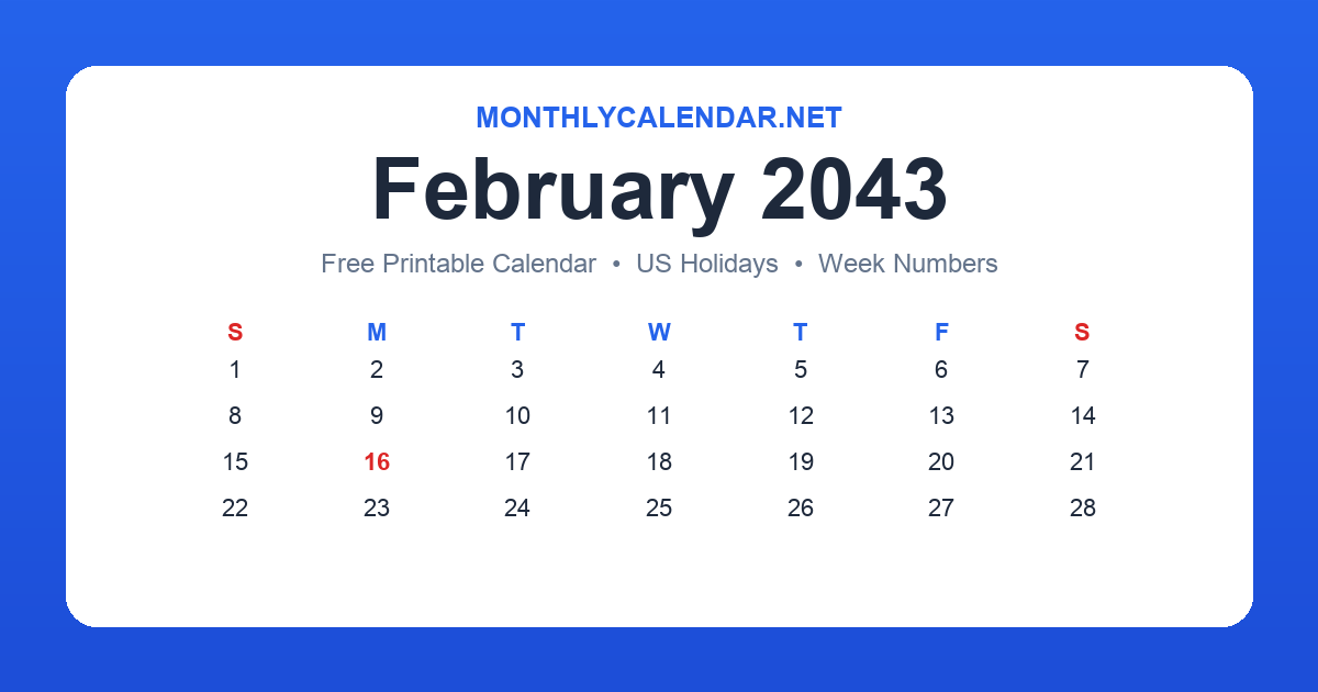 Printable February 2043 calendar with holidays