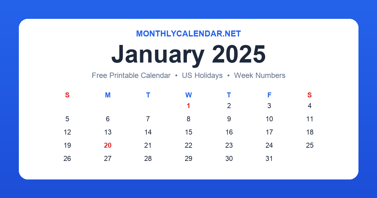 Printable January 2025 calendar with holidays