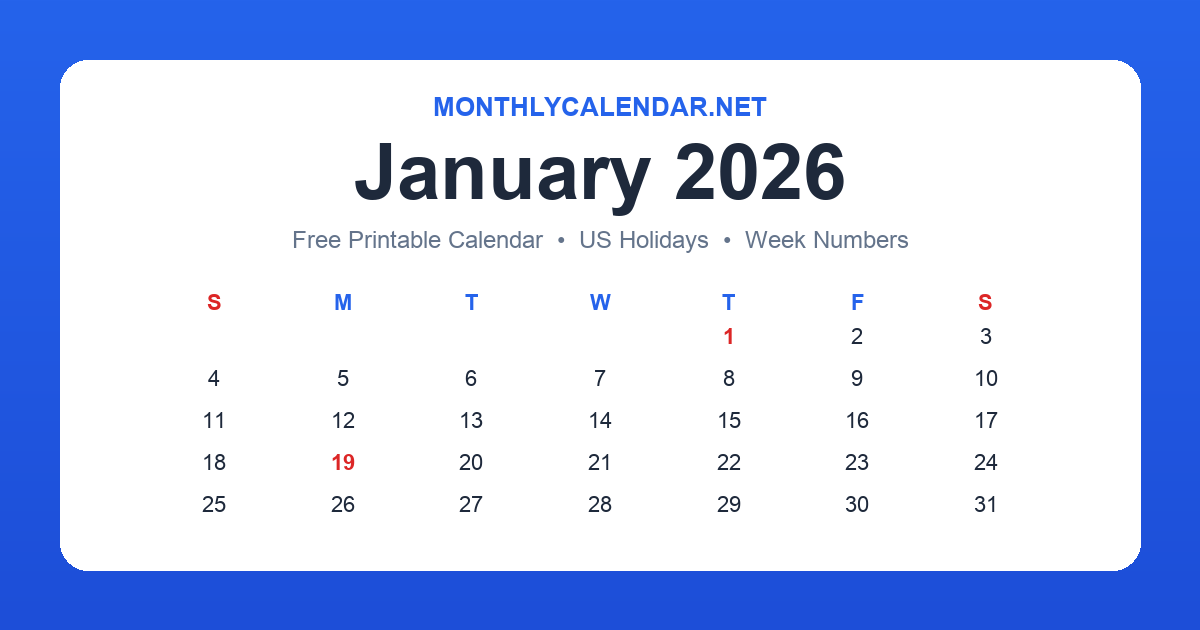 Printable January 2026 calendar with holidays