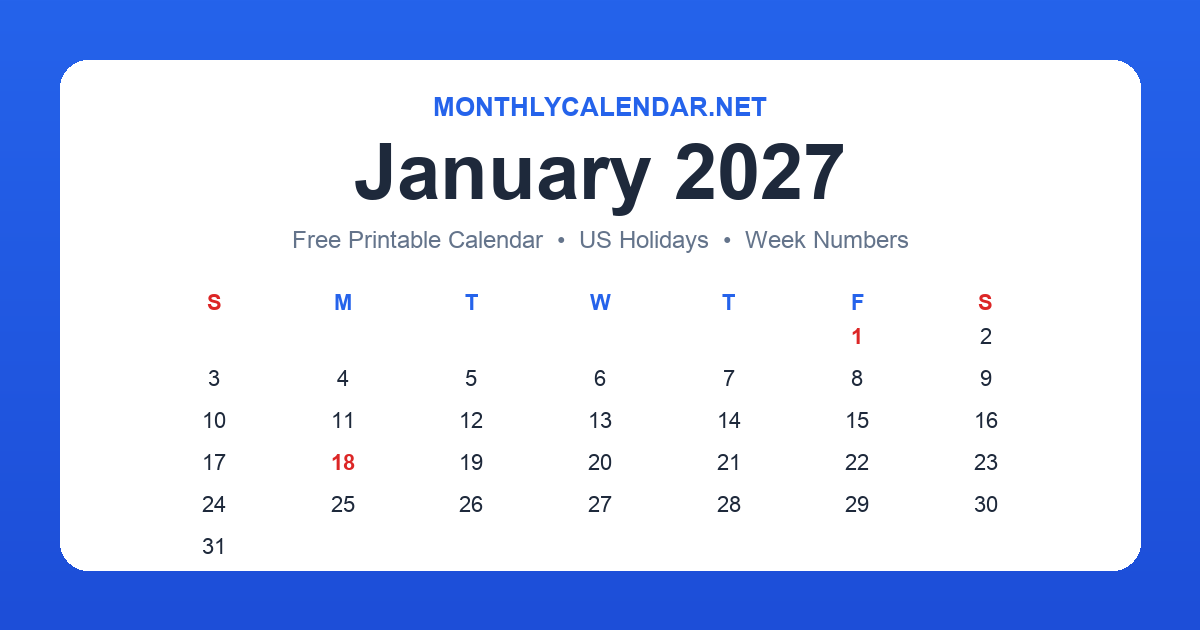 Printable January 2027 calendar with holidays