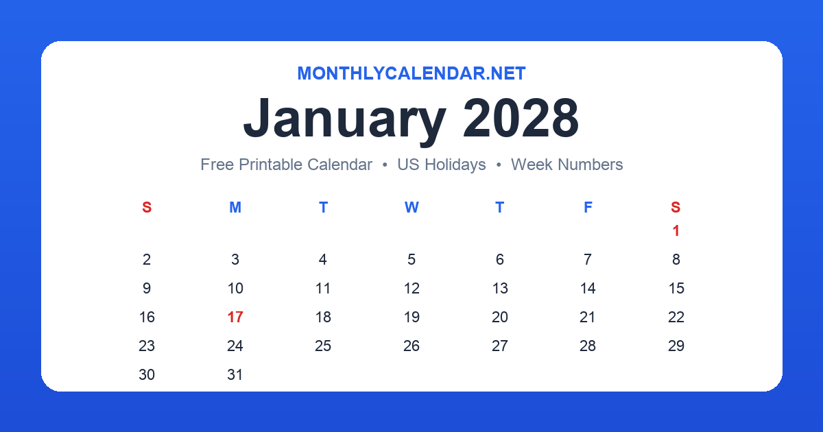 Printable January 2028 calendar with holidays