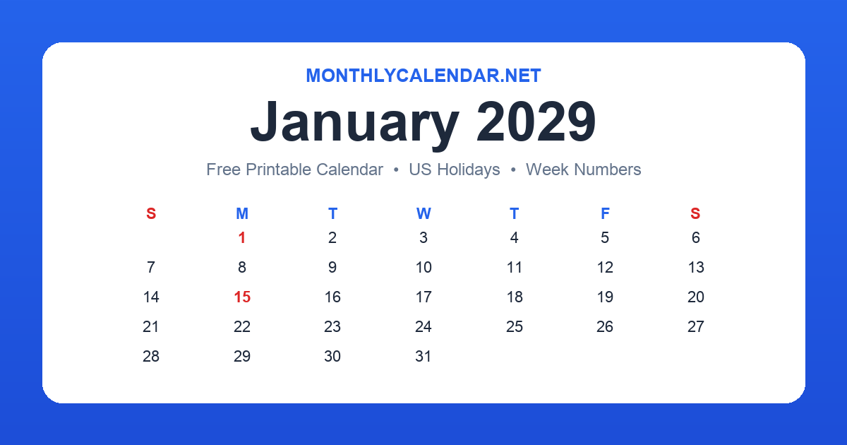 Printable January 2029 calendar with holidays