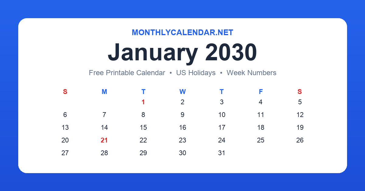 Printable January 2030 calendar with holidays