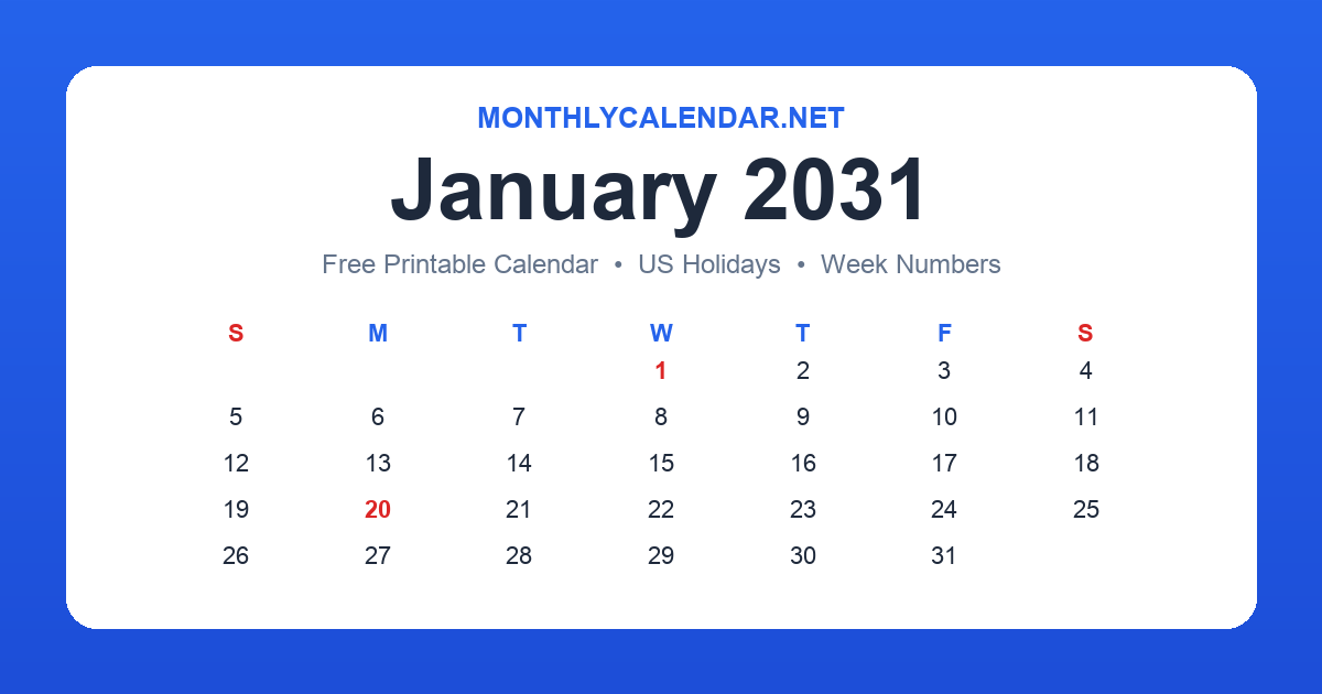 Printable January 2031 calendar with holidays