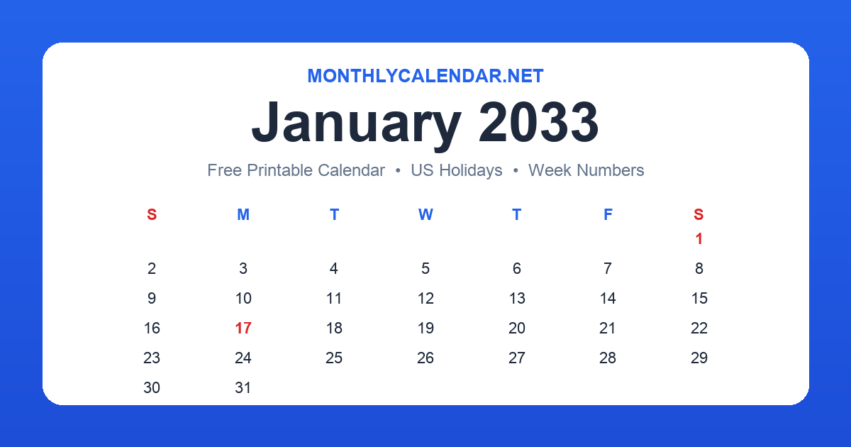 Printable January 2033 calendar with holidays
