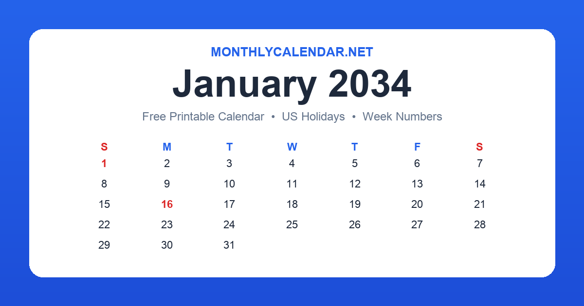 Printable January 2034 calendar with holidays