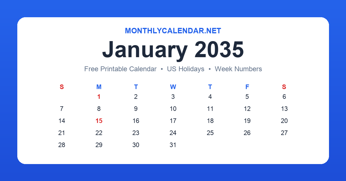 Printable January 2035 calendar with holidays