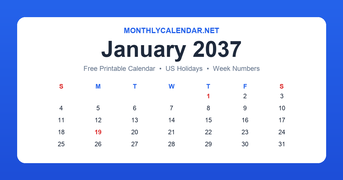 Printable January 2037 calendar with holidays