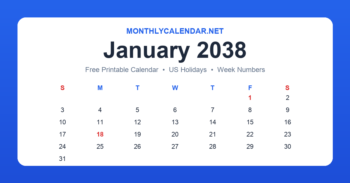 Printable January 2038 calendar with holidays