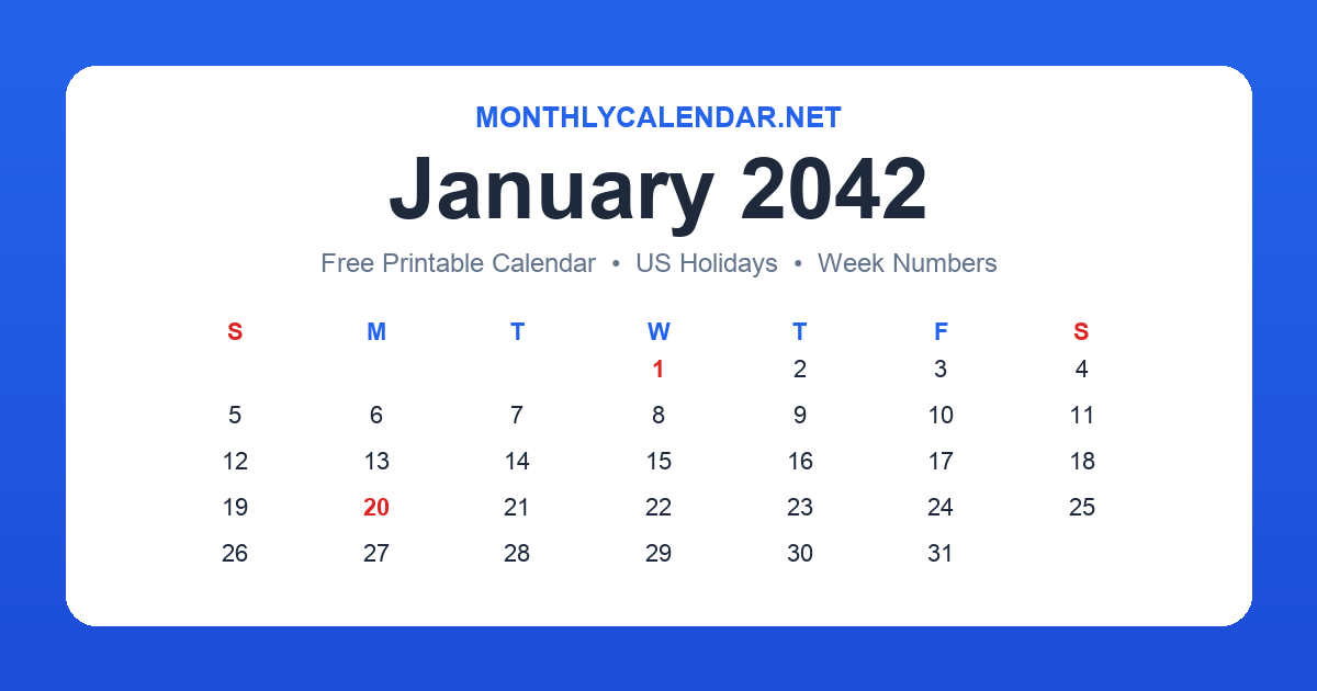 Printable January 2042 calendar with holidays
