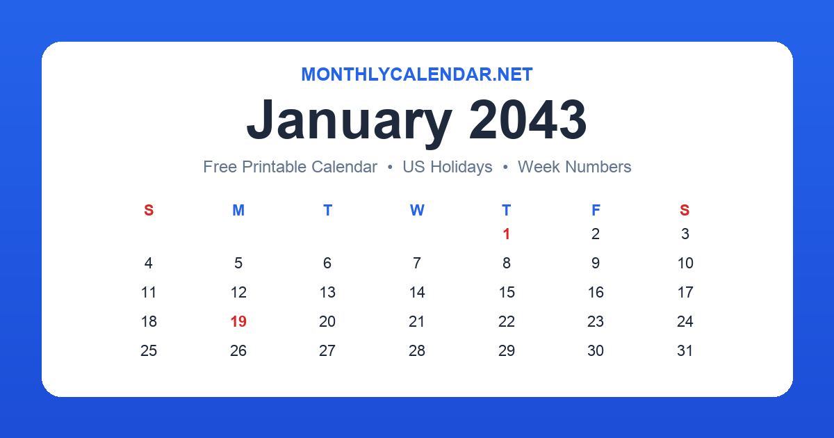 Printable January 2043 calendar with holidays