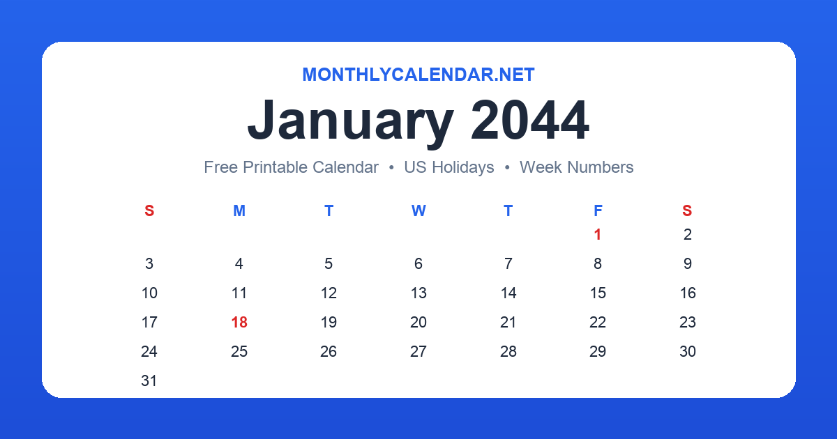 Printable January 2044 calendar with holidays