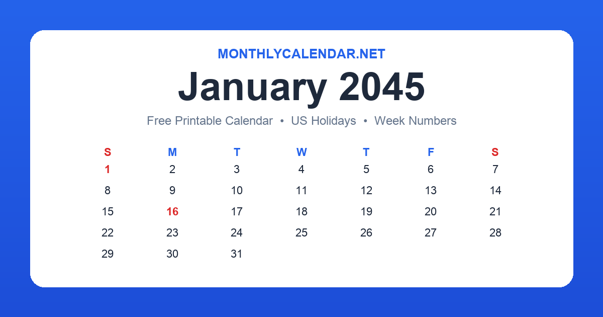 Printable January 2045 calendar with holidays
