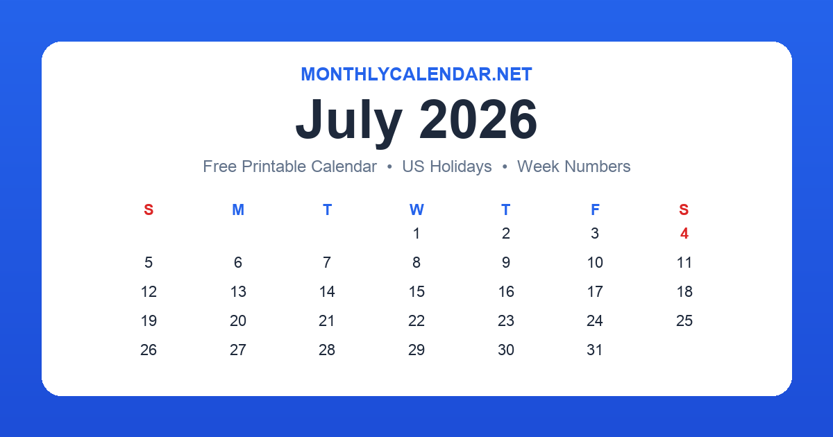 Printable July 2026 calendar with holidays