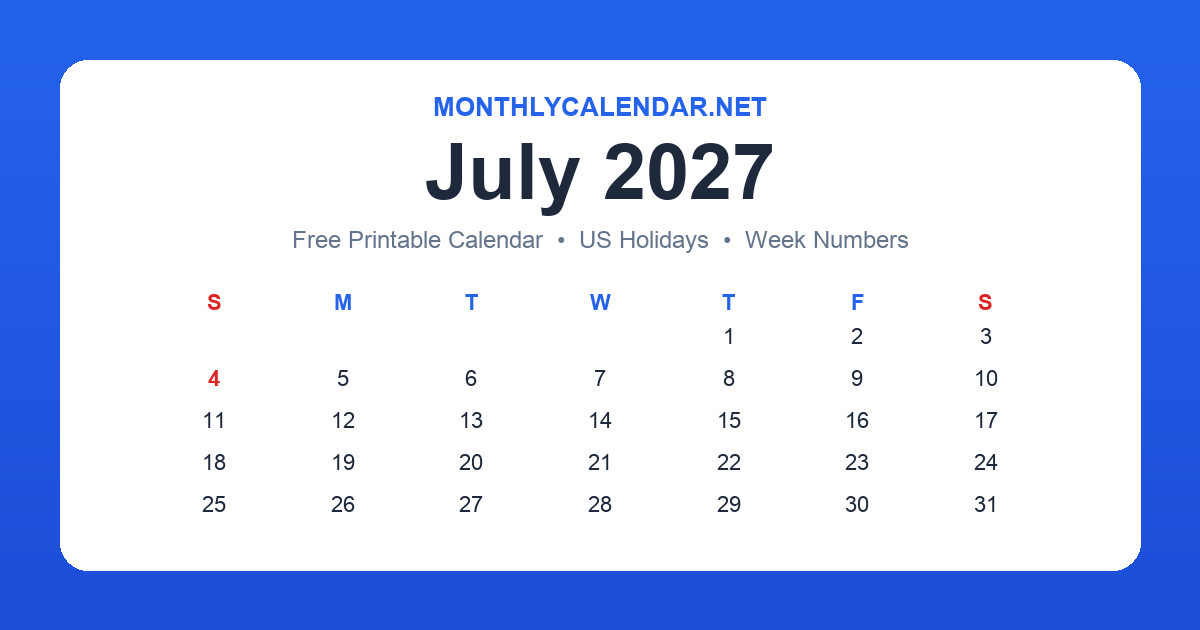 Printable July 2027 calendar with holidays