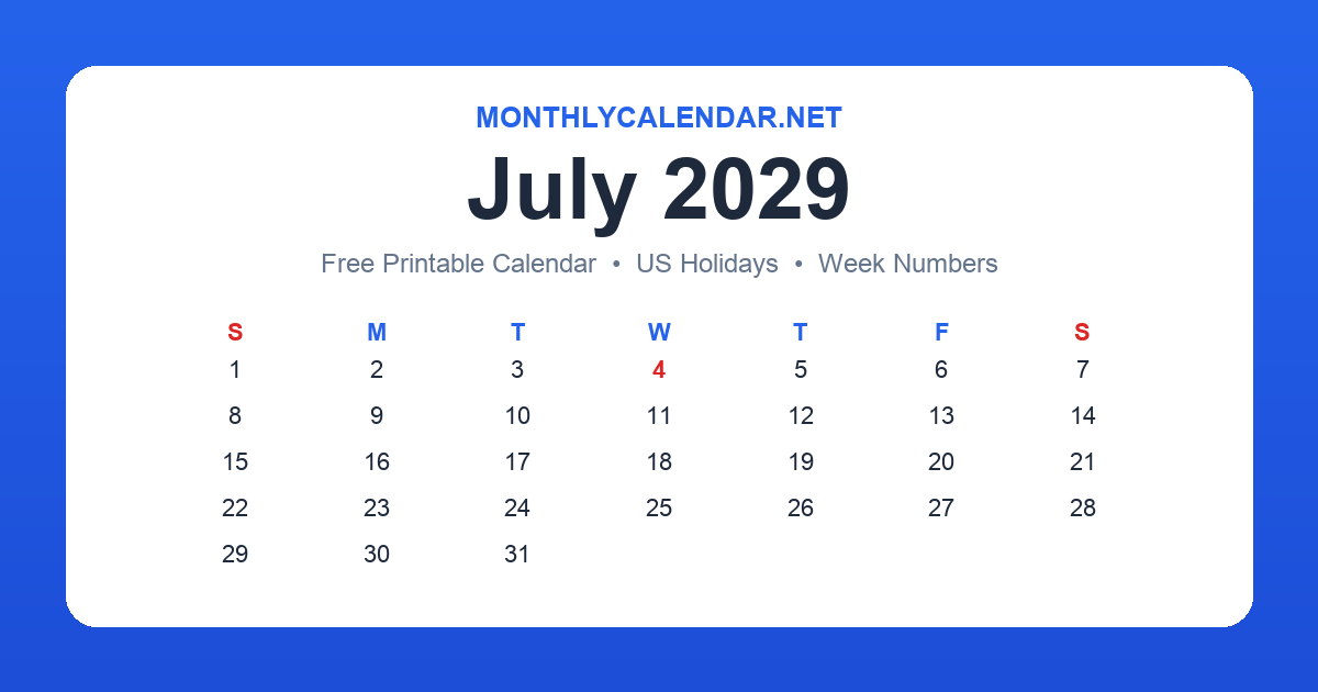 Printable July 2029 calendar with holidays