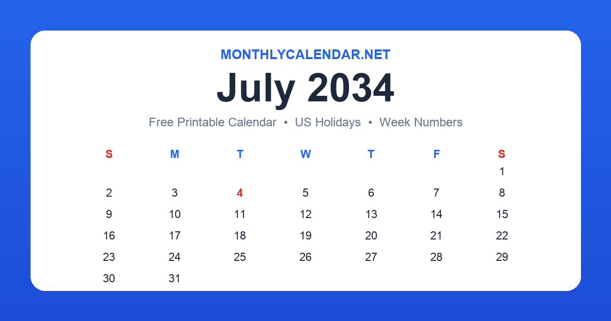 Printable July 2034 calendar with holidays
