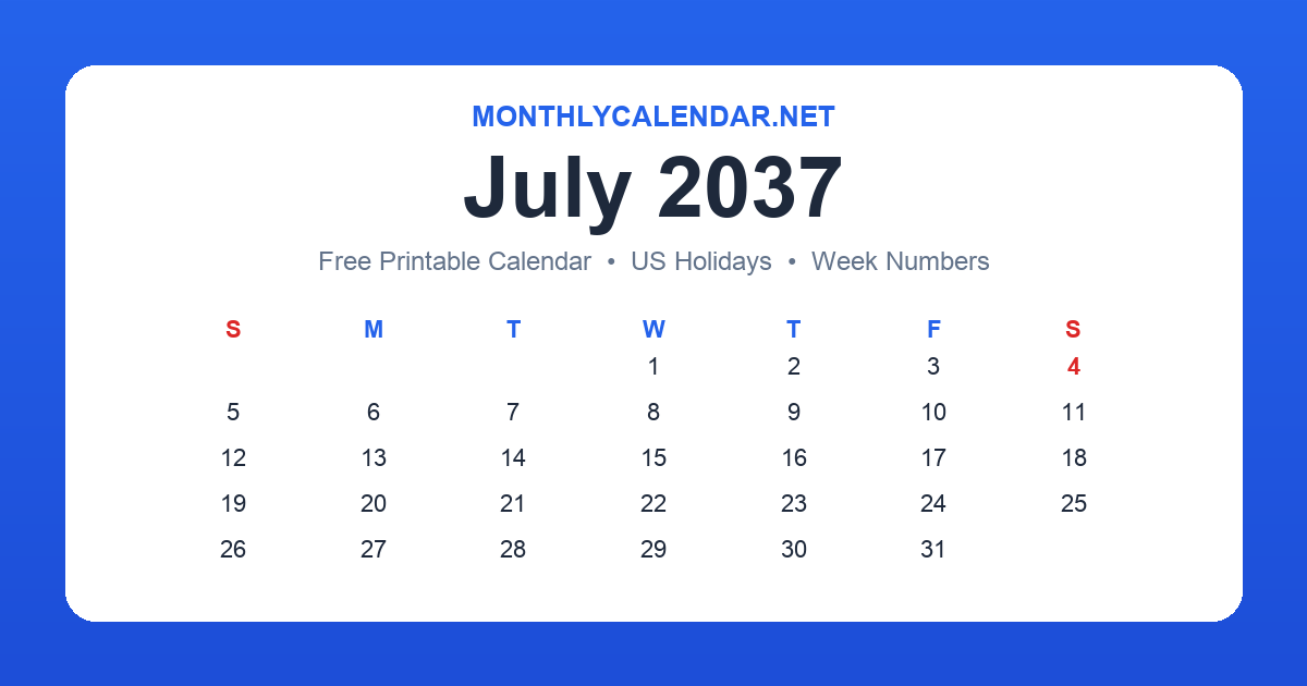 Printable July 2037 calendar with holidays