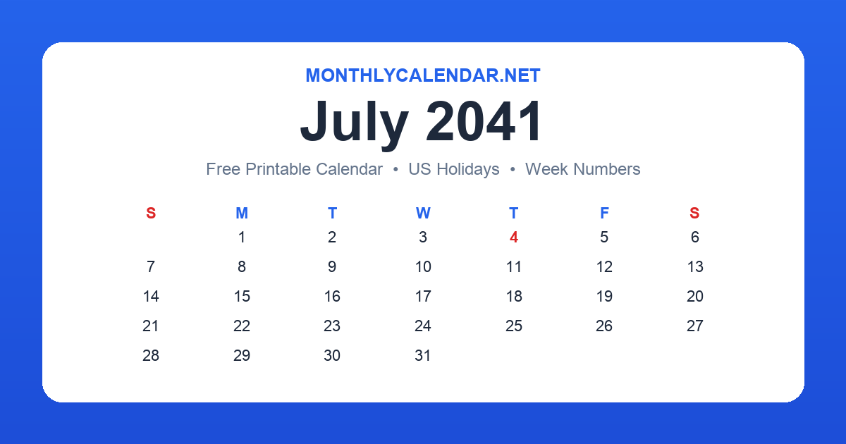 Printable July 2041 calendar with holidays