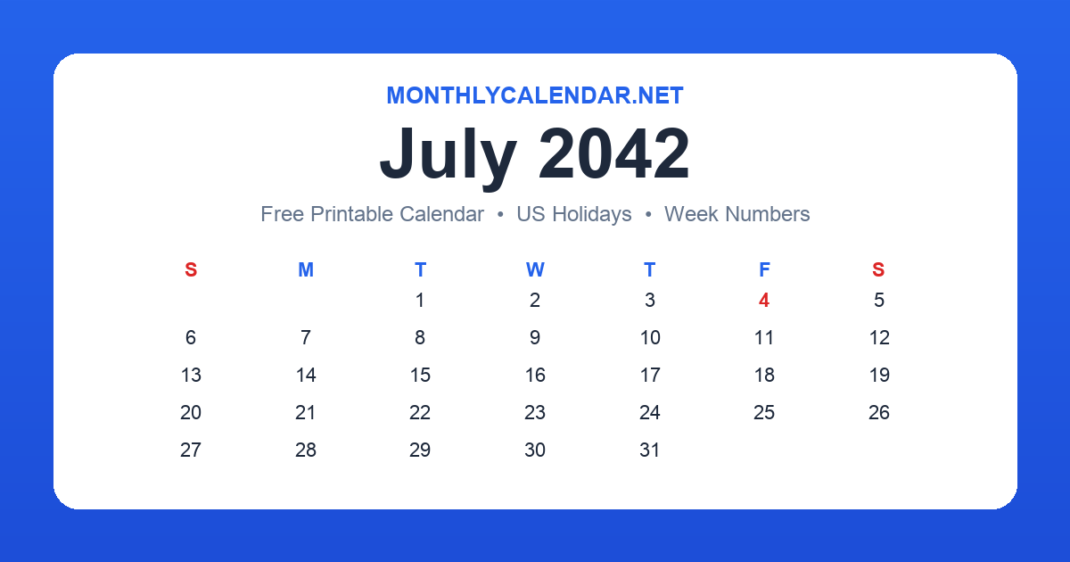 Printable July 2042 calendar with holidays