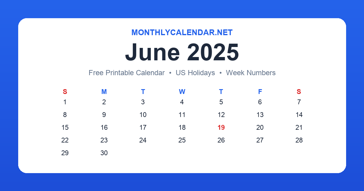 Printable June 2025 calendar with holidays