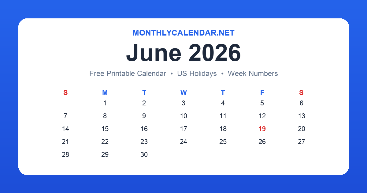Printable June 2026 calendar with holidays