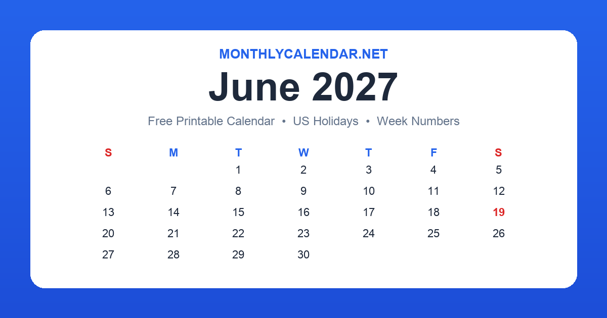 Printable June 2027 calendar with holidays