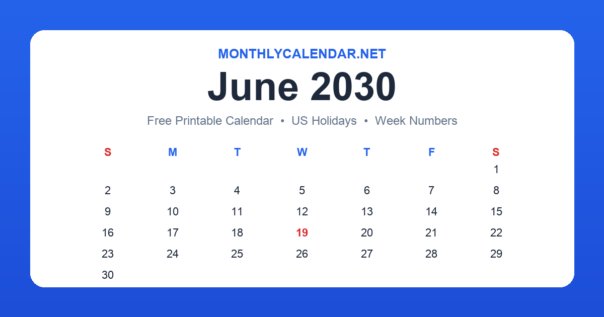 Printable June 2030 calendar with holidays