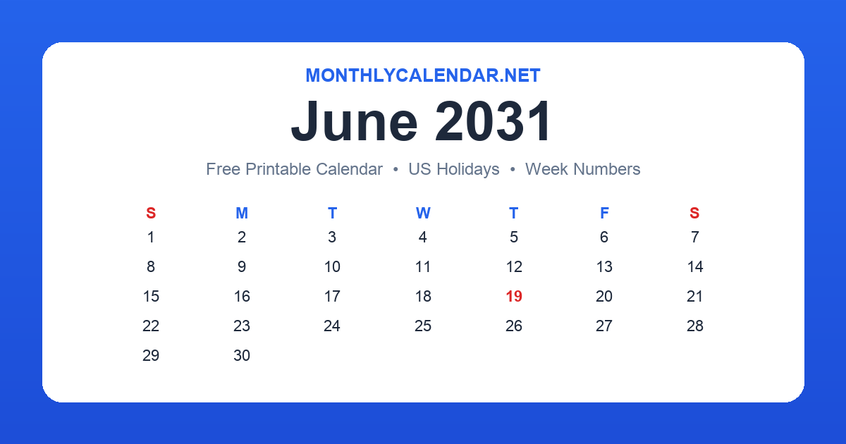 Printable June 2031 calendar with holidays