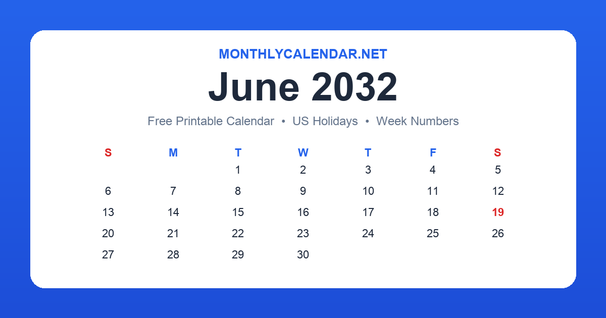 Printable June 2032 calendar with holidays