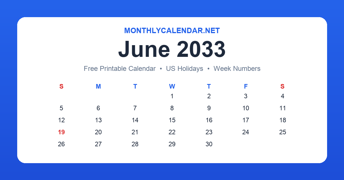 Printable June 2033 calendar with holidays