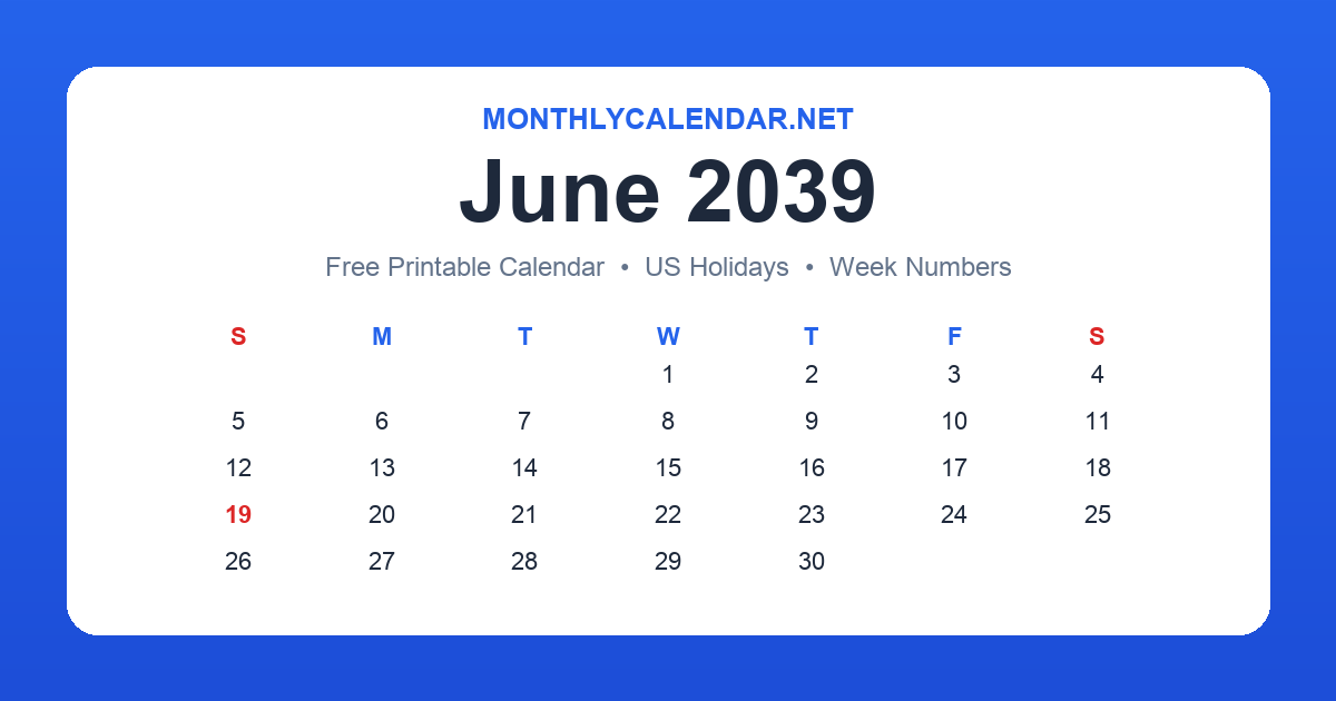 Printable June 2039 calendar with holidays