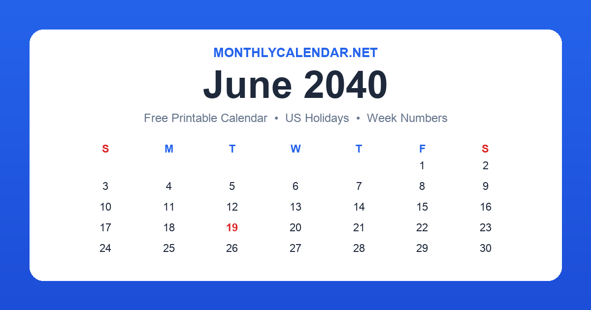 Printable June 2040 calendar with holidays