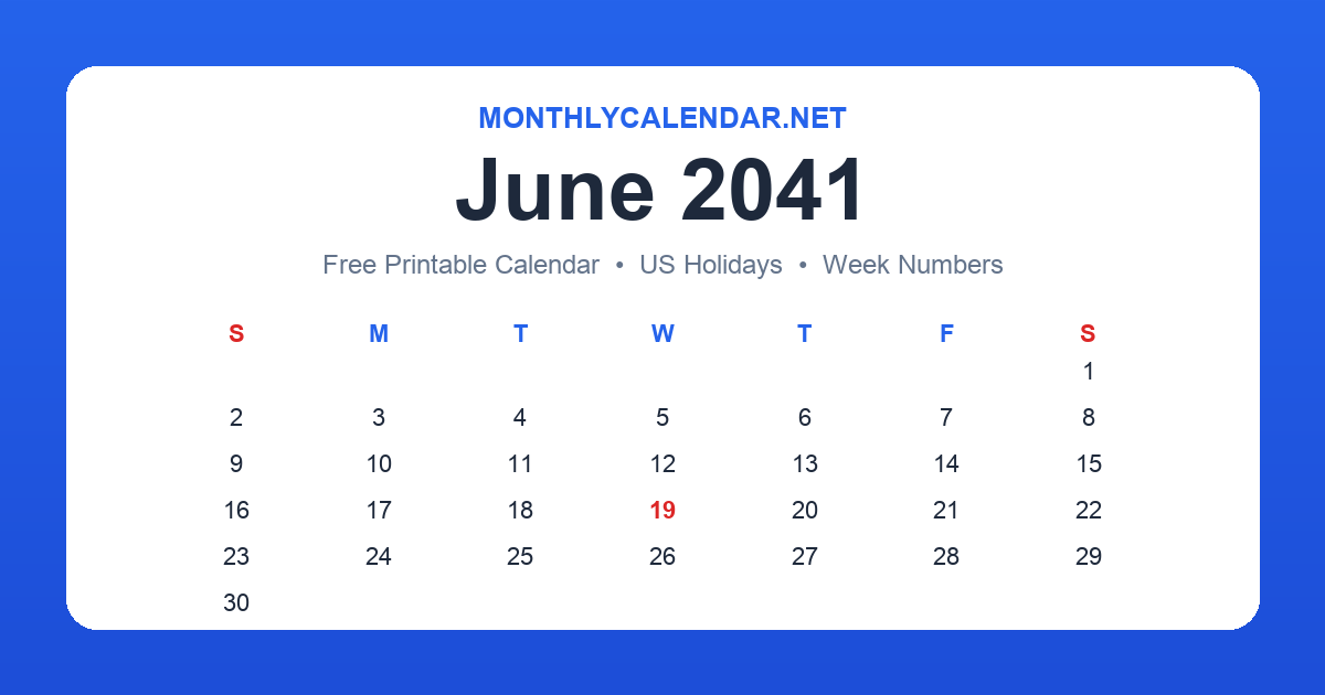 Printable June 2041 calendar with holidays