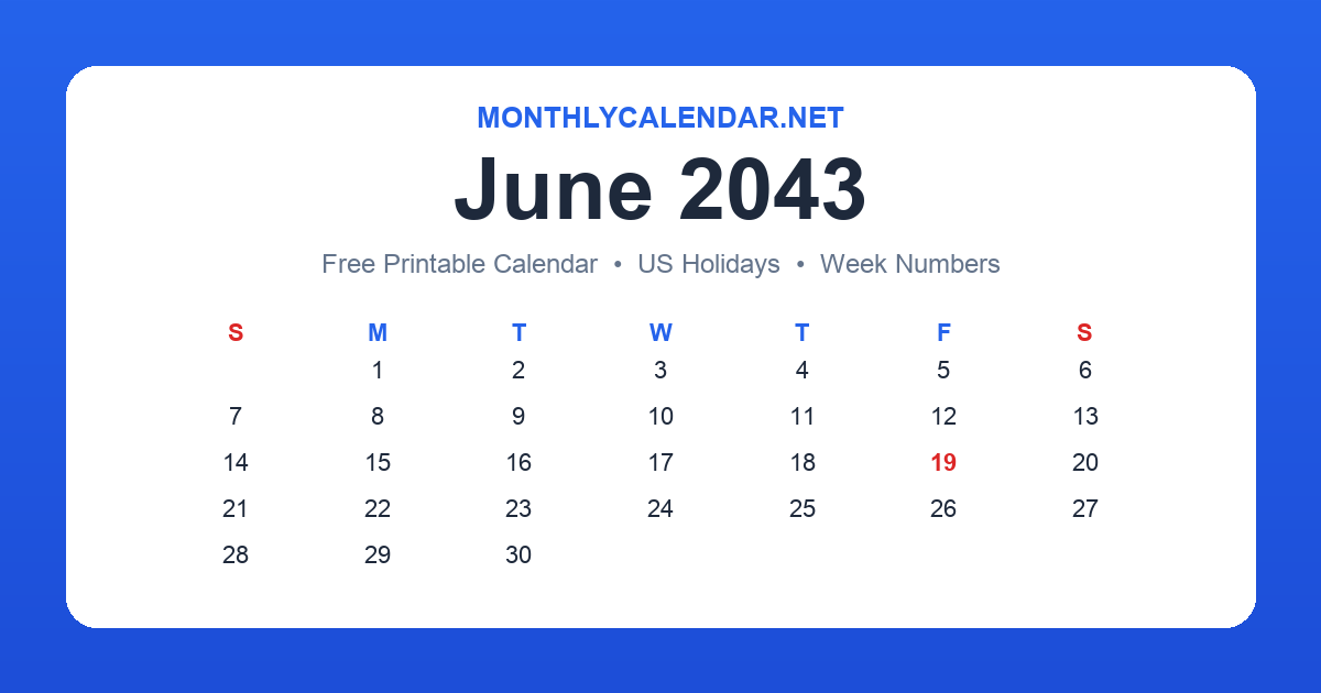 Printable June 2043 calendar with holidays