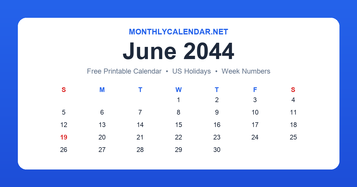 Printable June 2044 calendar with holidays