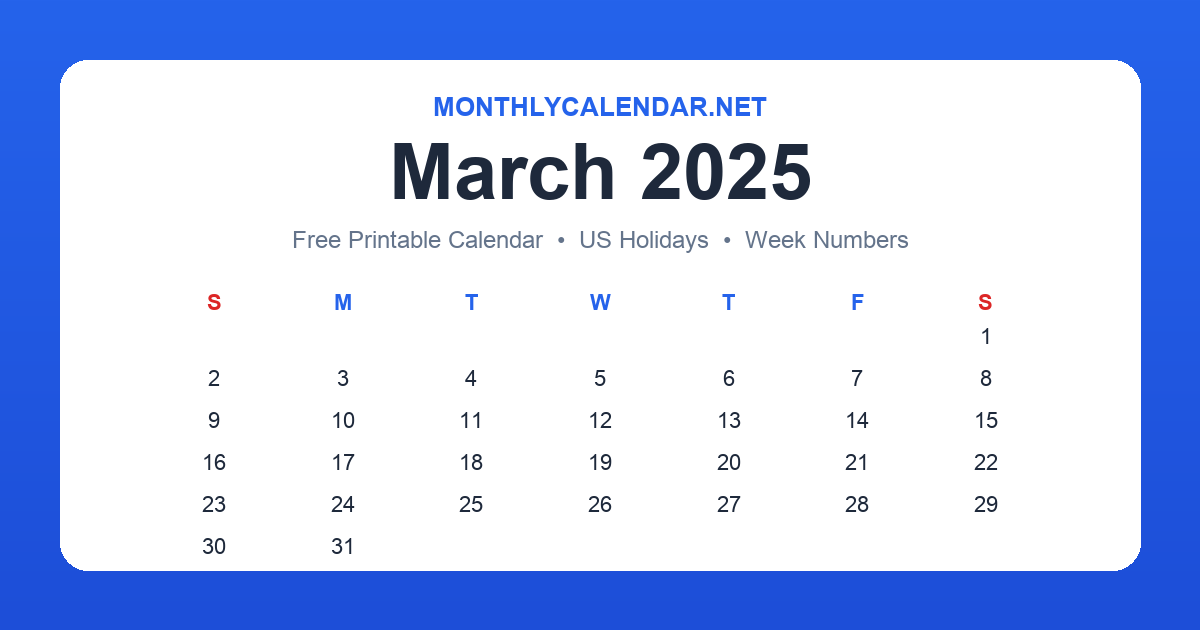 Printable March 2025 calendar with holidays
