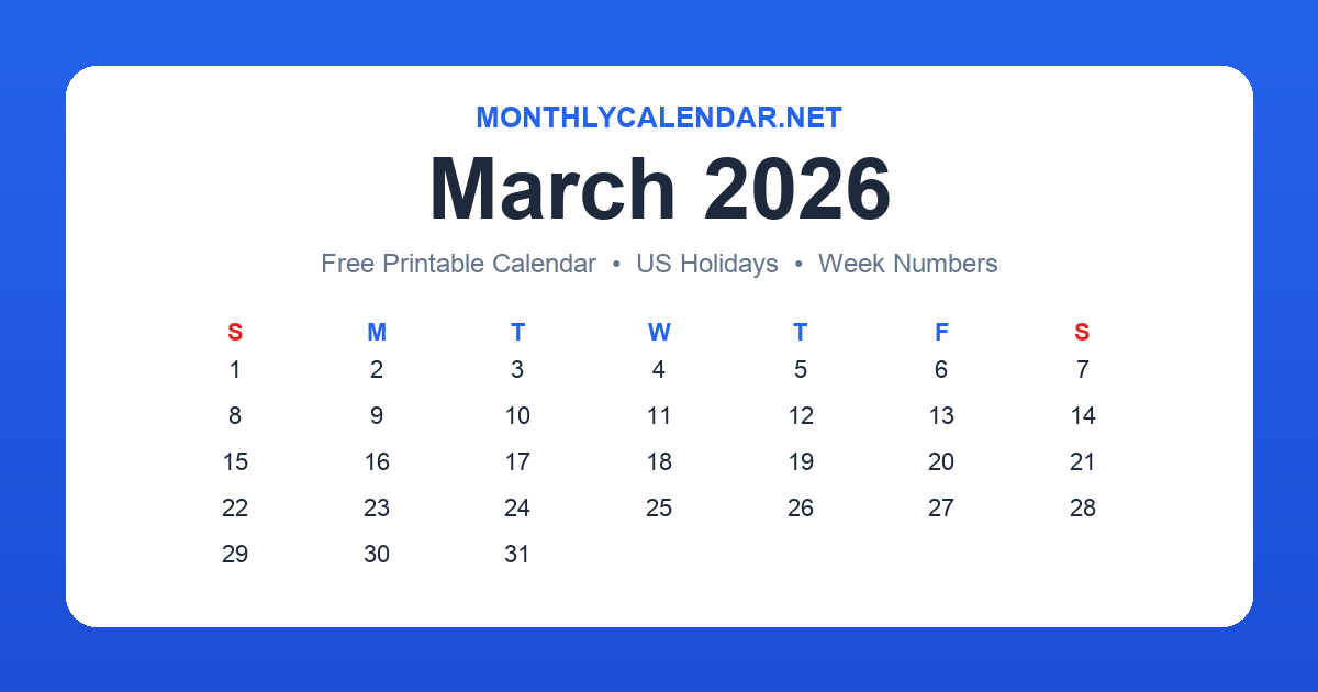 Printable March 2026 calendar with holidays