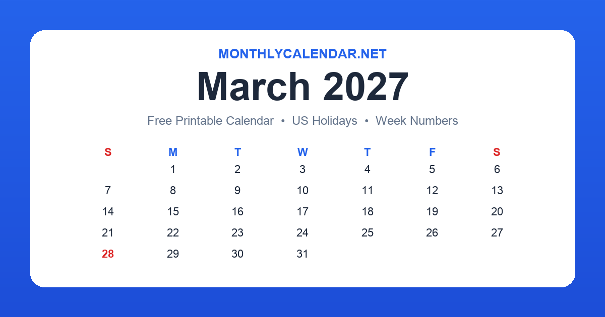 Printable March 2027 calendar with holidays