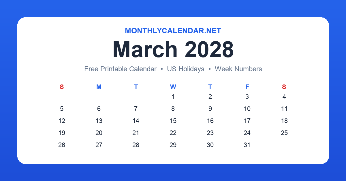 Printable March 2028 calendar with holidays