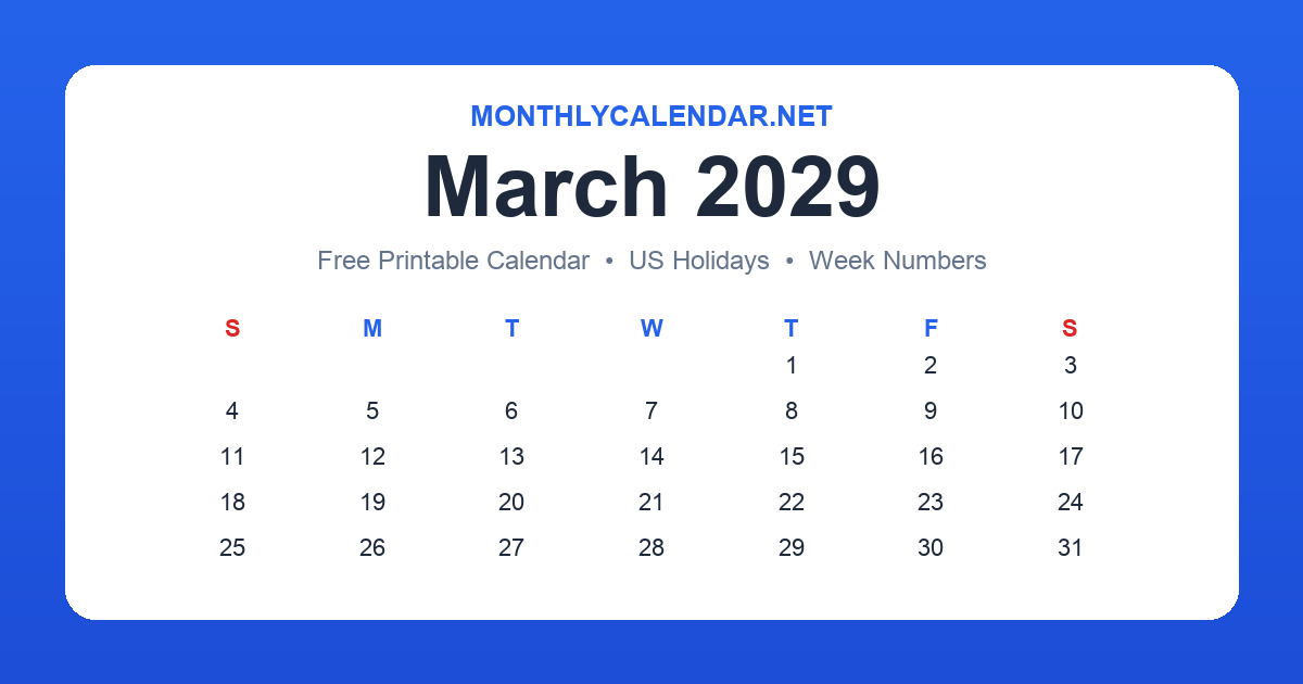 Printable March 2029 calendar with holidays