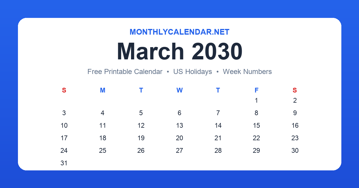 Printable March 2030 calendar with holidays