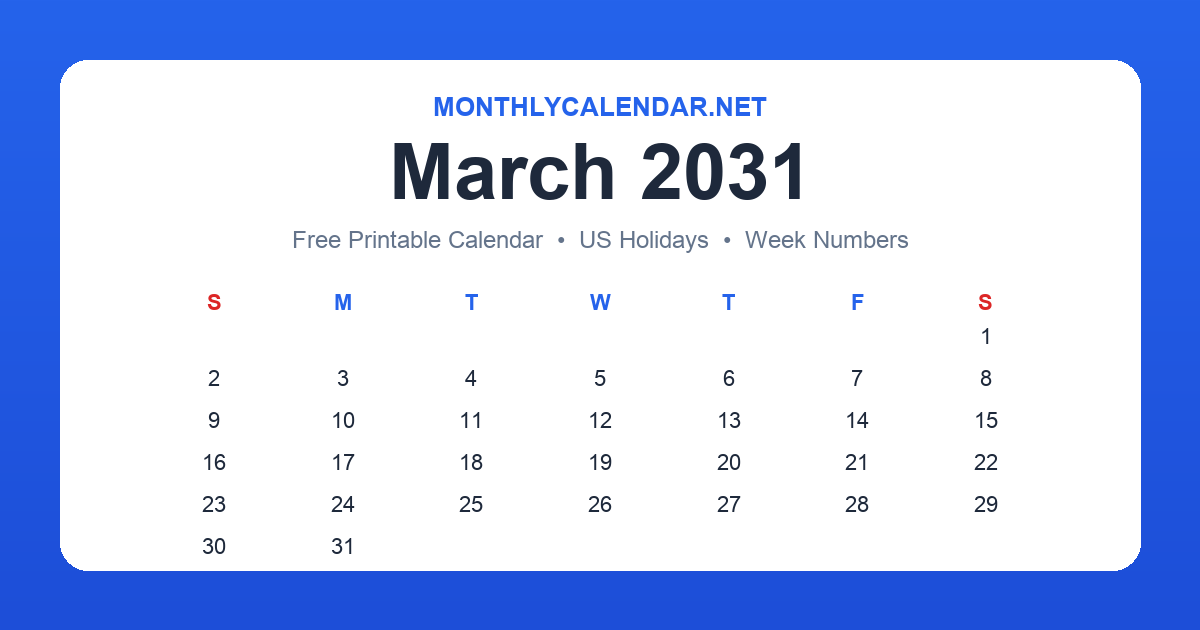 Printable March 2031 calendar with holidays