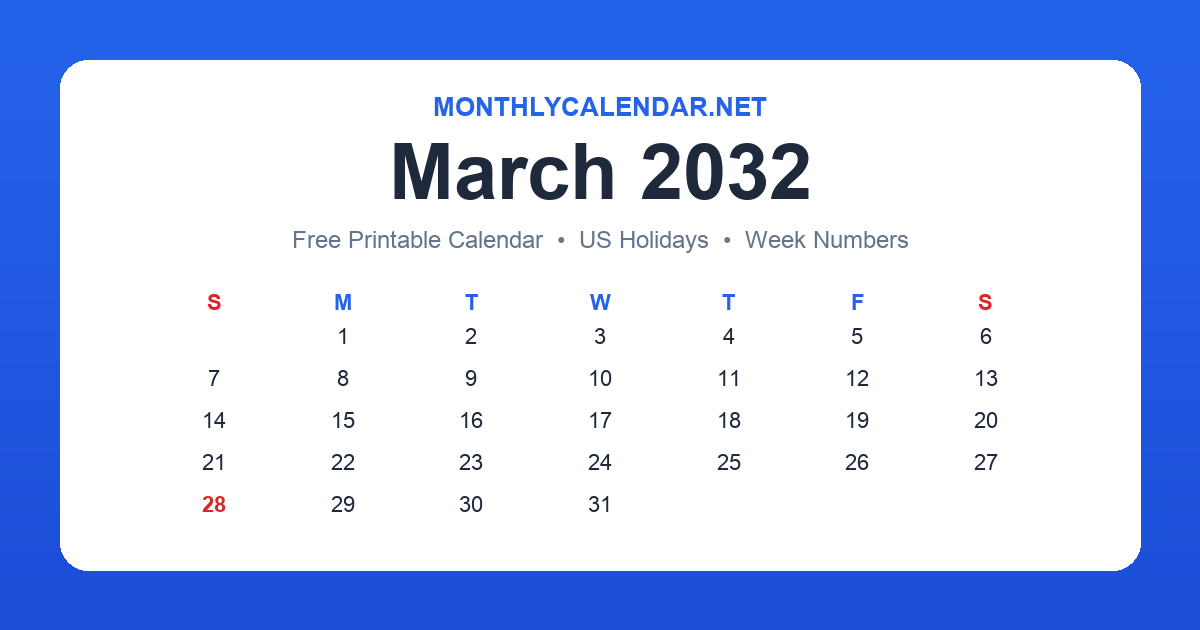 Printable March 2032 calendar with holidays